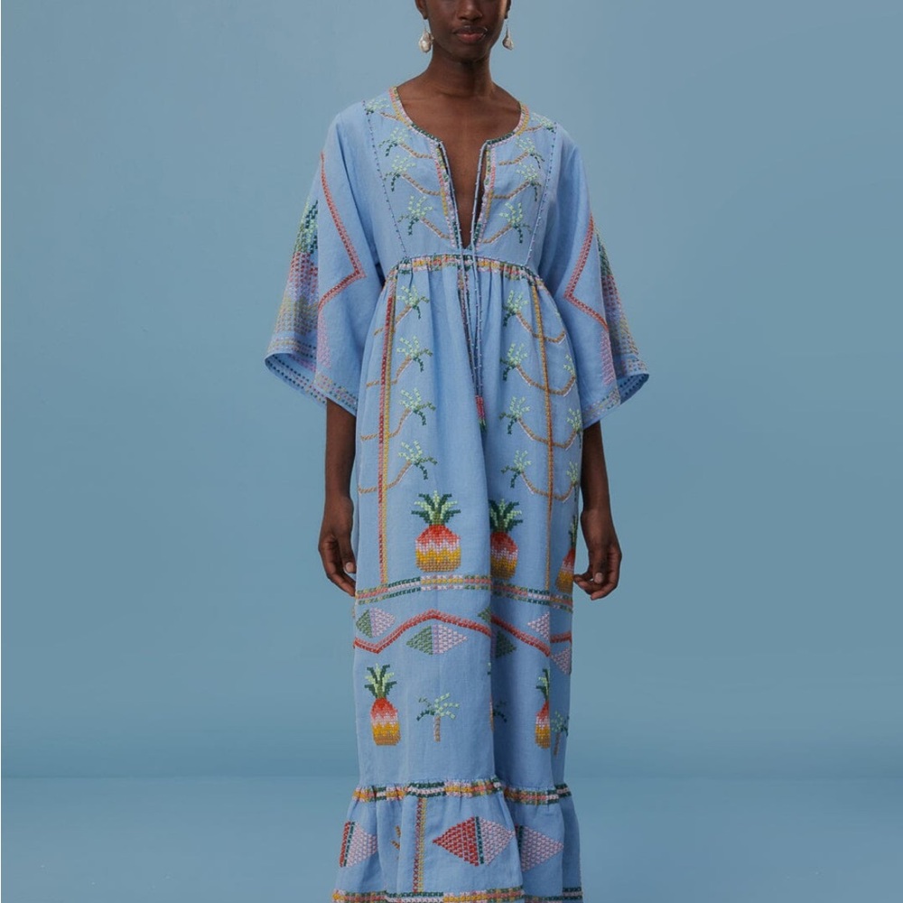 FARM Rio Light Blue Embroidered Cover-Up with Multicolor Accents